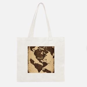 This is a cotton tote bag with a tan and brown design.